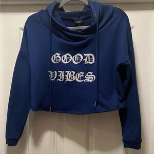 Rue21 Navy Cropped Hoodie with White 'Good Vibes' Print